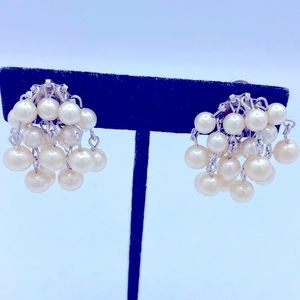 Vintage Coro Silver Tone Faux Pearl Dangle Screw Back Earrings Midcentury Coro